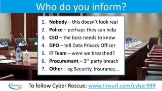 Who do you inform?
1. Nobody – this doesn’t look real
2. Police – perhaps they can help
3. CEO – the boss needs to know
4. DPO – tell Data Privacy Officer
5. IT Team – were we breached?
6. Procurement – 3rd party breach
7. Other – eg Security, Insurance…
To follow Cyber Rescue: www.tinyurl.com/cyber999
 