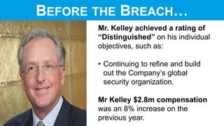 BEFORE THE BREACH…
John J. Kelley III
Mr. Kelley achieved a rating of
“Distinguished” on his individual
objectives, such as:
• Continuing to refine and build
out the Company’s global
security organization.
Mr Kelley $2.8m compensation
was an 8% increase on the
previous year.
 