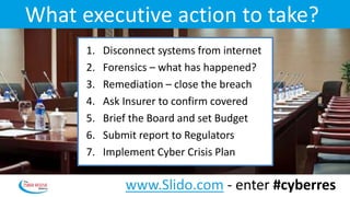 What executive action to take?
1. Disconnect systems from internet
2. Forensics – what has happened?
3. Remediation – close the breach
4. Ask Insurer to confirm covered
5. Brief the Board and set Budget
6. Submit report to Regulators
7. Implement Cyber Crisis Plan
www.Slido.com - enter #cyberres
 