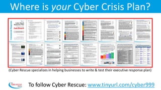 Where is your Cyber Crisis Plan?
To follow Cyber Rescue: www.tinyurl.com/cyber999
(Cyber Rescue specializes in helping businesses to write & test their executive response plan)
 