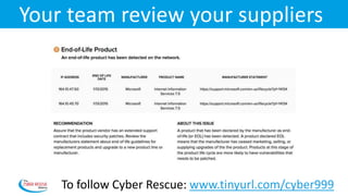 To follow Cyber Rescue: www.tinyurl.com/cyber999
Your team review your suppliers
 