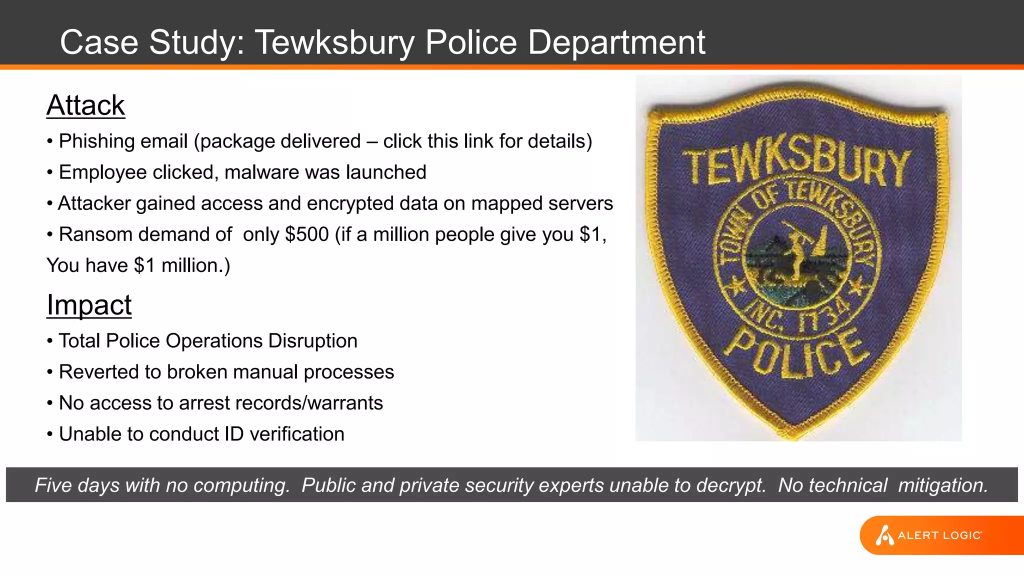 Case Study: Tewksbury Police Department
Attack
• Phishing email (package delivered – click this link for details)
• Employee clicked, malware was launched
• Attacker gained access and encrypted data on mapped servers
• Ransom demand of only $500 (if a million people give you $1,
You have $1 million.)
Impact
• Total Police Operations Disruption
• Reverted to broken manual processes
• No access to arrest records/warrants
• Unable to conduct ID verification
Five days with no computing. Public and private security experts unable to decrypt. No technical mitigation.
 
