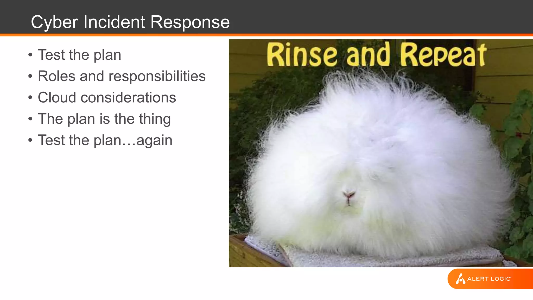 Cyber Incident Response
• Test the plan
• Roles and responsibilities
• Cloud considerations
• The plan is the thing
• Test the plan…again
 