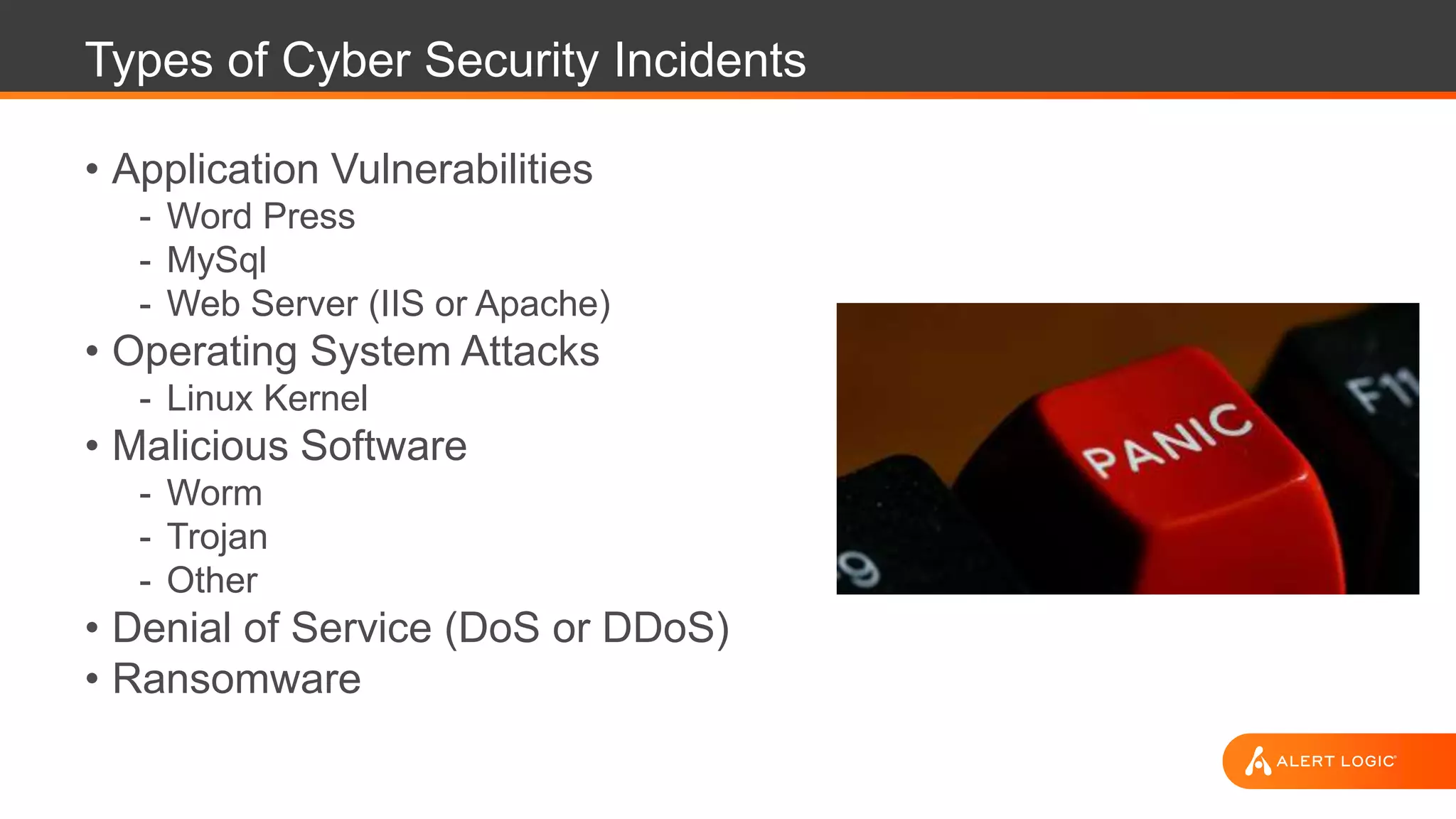 Types of Cyber Security Incidents
• Application Vulnerabilities
- Word Press
- MySql
- Web Server (IIS or Apache)
• Operating System Attacks
- Linux Kernel
• Malicious Software
- Worm
- Trojan
- Other
• Denial of Service (DoS or DDoS)
• Ransomware
 