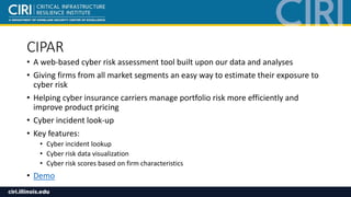 CIPAR
• A web-based cyber risk assessment tool built upon our data and analyses
• Giving firms from all market segments an...