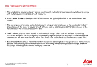 Aon Risk Solutions | Global Sales & Marketing Support
Proprietary & Confidential
12
The Regulatory Environment
 The jurisdictional requirements vary across countries with multinational businesses likely to have to comply
with multiple cybercrime or data breach measures.
 In the United States for example, class action lawsuits are typically launched in the aftermath of a data
breach.
 The convergence of physical and technical security brings greater challenges to the construction industry
organizations. If the cause of a cyber breach is traced back to a construction partner as evidenced by the
Target breach, the consequences can be dire.
 Good cybersecurity can be an enabler to businesses in today’s interconnected and ever increasingly
connected world and therefore, adapting a business focused and proactive approach to cybersecurity risk
management will reap wider benefits rather than simply offer protection to previously unaddressed risks
 Construction firms should instill and maintain discipline in adhering to their risk-governance framework and
policies. They are likely to benefit from continuous monitoring of the evolving threat landscape, and from
adopting a nimble approach toward managing cyber risk.
 