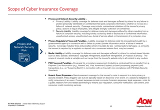 Aon Risk Solutions | Global Sales & Marketing Support
Proprietary & Confidential
23
Scope of Cyber Insurance Coverage
Privacy and
Network Security
Risk
 Privacy and Network Security Liability –
 Privacy Liability: Liability coverage for defense costs and damages suffered by others for any failure to
protect personally identifiable or confidential third-party corporate information, whether or not due to a
failure of network security. Coverage may include: unintentional violations of the insured’s privacy
policy, actions of rogue employees, and alleged wrongful collection of confidential
 Security Liability: Liability coverage for defense costs and damages suffered by others resulting from a
failure of computer security, including liability caused by theft or disclosure of confidential information,
unauthorized access, unauthorized use, denial of service attack or transmission of a computer virus
 Privacy Regulatory Fines and Penalties - Liability coverage for defense costs for proceedings brought by a
governmental agency in connection with a failure to protect private information and/or a failure of network
security. Coverage includes fines and penalties where insurable by law. Compensatory damages, i.e. amounts
the insured is required by a regulator to deposit into a consumer redress fund, may be covered
 Media Liability - Liability coverage for defense costs and damages suffered by others for content-based injuries
such as libel, slander, defamation, copyright infringement, trademark infringement, or invasion of privacy. The
scope of covered media is variable and can range from the insured’s website only to all content in any medium
 PCI Fines and Penalties - Coverage for a monetary assessment (including a contractual fine or penalty) from a
Payment Card Association (e.g., MasterCard, Visa, American Express) or bank processing payment card
transactions (i.e., an “Acquiring Bank”) in connection with an Insured’s non-compliance with PCI Data Security
Standards
 Breach Event Expenses - Reimbursement coverage for the insured’s costs to respond to a data privacy or
security incident. Policy triggers vary but are typically based on discovery of an event, or a statutory obligation to
notify consumers of an event. Covered expenses include computer forensics expenses, legal expenses, costs for
a public relations firm and related advertising to restore your reputation, consumer notification, call centers, and
consumer credit monitoring services
 