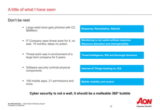 Aon Risk Solutions | Global Sales & Marketing Support
Proprietary & Confidential
30
A little of what I have seen
Don’t be next
 Large retail store gets phished with C2.
$6Million
 IT Company sees threat actor for 4, no
wait, 15 months, takes no action.
 Threat actor was in environment of a
large tech company for 5 years
 Software security controls physical
components
 100 mobile apps, 21 permissions and
more
Response, Remediation, Rebuild
Monitoring is not useful without response
Resource allocation and interoperability
Threat Intelligence, IDS and thorough forensics
Cyber security is not a wall, it should be a malleable 360* bubble
Internet of Things hacking vs. ICS
Mobile visibility and control
 