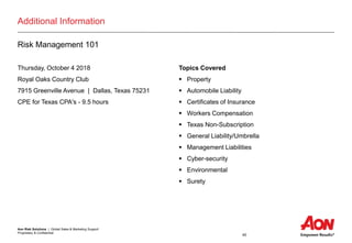 Aon Risk Solutions | Global Sales & Marketing Support
Proprietary & Confidential
40
Additional Information
Risk Management 101
Thursday, October 4 2018
Royal Oaks Country Club
7915 Greenville Avenue | Dallas, Texas 75231
CPE for Texas CPA's - 9.5 hours
Topics Covered
 Property
 Automobile Liability
 Certificates of Insurance
 Workers Compensation
 Texas Non-Subscription
 General Liability/Umbrella
 Management Liabilities
 Cyber-security
 Environmental
 Surety
 