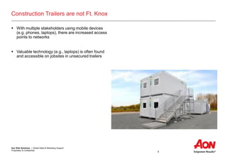 Aon Risk Solutions | Global Sales & Marketing Support
Proprietary & Confidential
9
Construction Trailers are not Ft. Knox
 With multiple stakeholders using mobile devices
(e.g. phones, laptops), there are increased access
points to networks
 Valuable technology (e.g., laptops) is often found
and accessible on jobsites in unsecured trailers
 