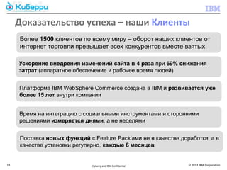 Доказательство успеха – наши Клиенты
     Более 1500 клиентов по всему миру – оборот наших клиентов от
     интернет торговли превышает всех конкурентов вместе взятых

     Ускорение внедрения изменений сайта в 4 раза при 69% снижения
     затрат (аппаратное обеспечение и рабочее время людей)


     Платформа IBM WebSphere Commerce создана в IBM и развивается уже
     более 15 лет внутри компании


     Время на интеграцию с социальными инструментами и сторонними
     решениями измеряется днями, а не неделями


     Поставка новых функций с Feature Pack’ами не в качестве доработки, а в
     качестве установки регулярно, каждые 6 месяцев


19                            Cyberry and IBM Confidential      © 2013 IBM Corporation
 