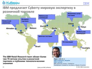 IBM предлагает Cyberry мировую экспертизу в
розничной торговле                    Аналитика сетей
                                          Мобильная                                поставок
                                          коммерция
                  Интернет-
Клиентская        торговля
аналитика
                                                                                    China
                                            Zurich                                                   Tokyo
     Almaden                  Watson                                  Haifa
                                                                               India          Мобильная
               Austin                                                                         коммерция
                                         Цепочки поставок


                                                                              Оптимизация

                                   Brazil
                                                                                                        Australia



The IBM Retail Research team облает более
чем 70 летним опытом в розничной
торговле и глубокими технологическими
знаниями
21                                     Cyberry and IBM Confidential                           © 2013 IBM Corporation
 