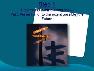 Step 1
Understand Internet Practices—
Past, Present and (to the extent possible) the
Future
 