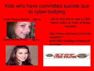 Kids who have committed suicide due to cyber-bullying   Name:Megan Meiers     Age:13   Name: Phoebe Prince       Age:15 Go to this link to see a CBS News video on both of these suicides http://www.cbsnews.com/video/watch/?id=6146214n&tag=related;photovideo 