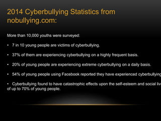 2014 Cyberbullying Statistics from 
nobullying.com: 
More than 10,000 youths were surveyed: 
• 7 in 10 young people are victims of cyberbullying. 
• 37% of them are experiencing cyberbullying on a highly frequent basis. 
• 20% of young people are experiencing extreme cyberbullying on a daily basis. 
• 54% of young people using Facebook reported they have experienced cyberbullying. 
• Cyberbullying found to have catastrophic effects upon the self-esteem and social lives 
of up to 70% of young people. 
 