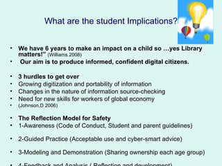 What are the student Implications?


•   We have 6 years to make an impact on a child so …yes Library
    matters!” (Williams 2008)
•   Our aim is to produce informed, confident digital citizens.

•   3 hurdles to get over
•   Growing digitization and portability of information
•   Changes in the nature of information source-checking
•   Need for new skills for workers of global economy
•   (Johnson,D 2006)

•   The Reflection Model for Safety
•   1-Awareness (Code of Conduct, Student and parent guidelines)

•   2-Guided Practice (Acceptable use and cyber-smart advice)

•   3-Modeling and Demonstration (Sharing ownership each age group)
 