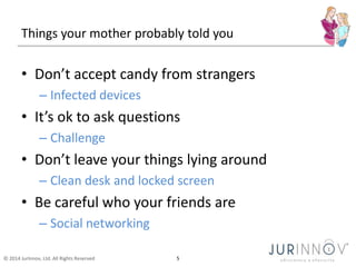 © 2014 JurInnov, Ltd. All Rights Reserved 5
Things your mother probably told you
• Don’t accept candy from strangers
– Inf...