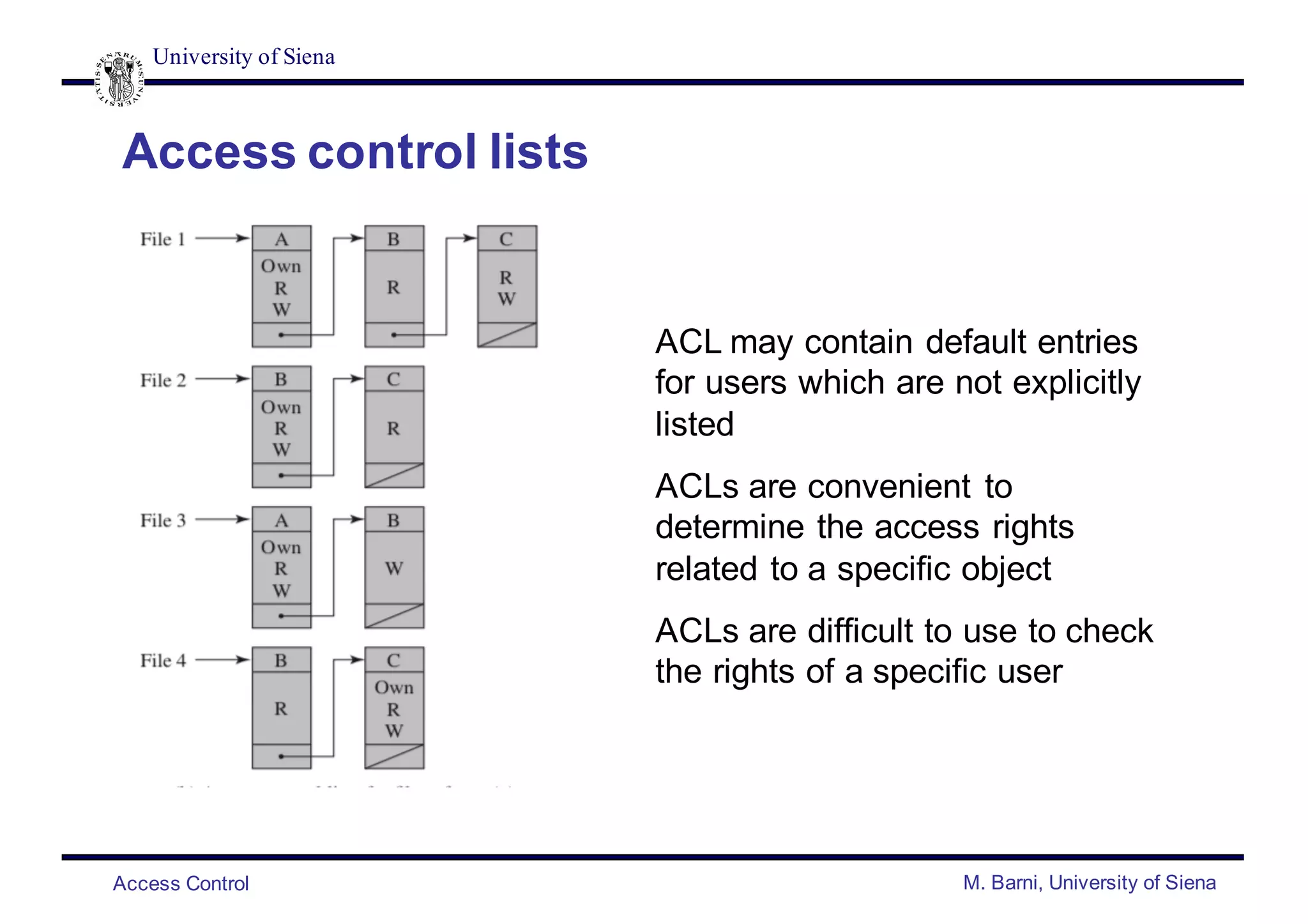 University of Siena
Access Control M. Barni, University of Siena
Access control lists
ACL may contain default entries
for users which are not explicitly
listed
ACLs are convenient to
determine the access rights
related to a specific object
ACLs are difficult to use to check
the rights of a specific user
 