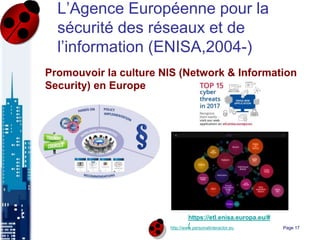 http://www.personalinteractor.eu
L’Agence Européenne pour la
sécurité des réseaux et de
l’information (ENISA,2004-)
Promouvoir la culture NIS (Network & Information
Security) en Europe
Page 17
https://etl.enisa.europa.eu/#
/
 