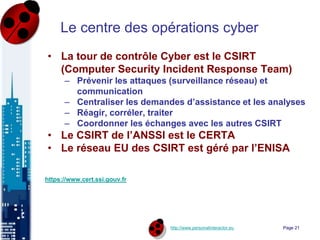 http://www.personalinteractor.eu
Le centre des opérations cyber
• La tour de contrôle Cyber est le CSIRT
(Computer Security Incident Response Team)
– Prévenir les attaques (surveillance réseau) et
communication
– Centraliser les demandes d’assistance et les analyses
– Réagir, corréler, traiter
– Coordonner les échanges avec les autres CSIRT
• Le CSIRT de l’ANSSI est le CERTA
• Le réseau EU des CSIRT est géré par l’ENISA
Page 21
https://www.cert.ssi.gouv.fr
 