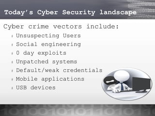 Today’s Cyber Security landscape

Cyber crime vectors include:
#
#
#
#
#
#
#

Unsuspecting Users
Social engineering
0 day exploits
Unpatched systems
Default/weak credentials
Mobile applications
USB devices

 