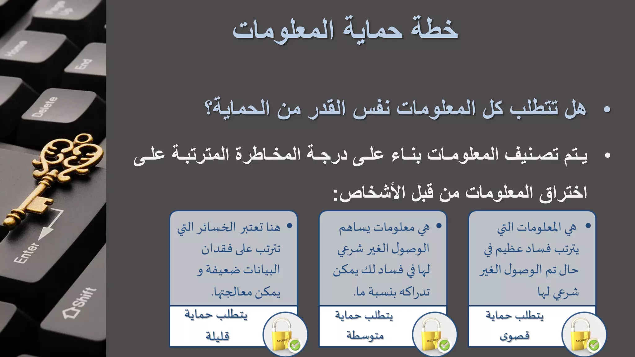 ‫المعلومات‬ ‫حماية‬ ‫خطة‬
•‫هل‬‫الحماية؟‬ ‫من‬ ‫القدر‬ ‫نفس‬ ‫المعلومات‬ ‫كل‬ ‫تتطلب‬
•‫ا‬‫ا‬‫عل‬ ‫اة‬‫ا‬‫المترتب‬ ‫ااطرة‬‫ا‬‫المخ‬ ‫اة‬‫ا‬‫درج‬ ‫ا‬‫ا‬‫عل‬ ‫ااء‬‫ا‬‫بن‬ ‫اات‬‫ا‬‫المعلوم‬ ‫انيف‬‫ا‬‫تص‬ ‫اتم‬‫ا‬‫ي‬
‫األشخاص‬ ‫قبل‬ ‫من‬ ‫المعلومات‬ ‫اختراق‬:
 