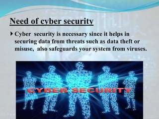 Need of cyber security
 Cyber security is necessary since it helps in
securing data from threats such as data theft or
misuse, also safeguards your system from viruses.
 