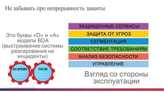 © Cisco и(или) ее аффилированные лица, 2014 г. Все права защищены. 48
Взгляд  со  стороны  
эксплуатации  
Не забывать про непрерывность защиты
Это  буквы  «D»  и  «А»
модели  BDA  
(выстраивание  системы  
реагирования  на  
инциденты)  
Обнаружение  
Блокировка  
Защита
ВО ВРЕМЯ ПОСЛЕ
Охват
Изоляция
Устранение
 