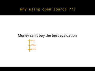  
       Money	
  c	
   an’t	
  buy	
  the	
  best	
  evaluation	
  
                    	
  
                    AES	
  
                     	
  
                     	
  
                    	
  
                     IPSec	
  

                    PPTP	
  
 