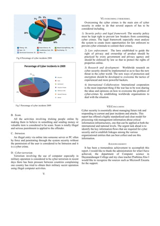 VI. OVERCOMING CYBERCRIMES.
                                                                      Overcoming the cyber crimes is the main aim of cyber
                                                                   security in order to do that several aspects of has to be
                                                                   considered including.
                                                                   1) Security policy and legal framework: The security policy
                                                                   must be kept tight to prevent law breakers from committing
                                                                   cyber crimes. The legal framework especially must analyse
                                                                   the system to create more opportunities for law enforcers to
                                                                   prevent cyber criminals to commit their crimes.
                                                                     2) Law enforcement: The laws established to guide the
                                                                     right of privacy and ownership of product should be
     Fig 4 Percentage of cyber incidents 2008
                                                                     practiced by every government and privacy agency and
                                                                     should be enforced by law so that to protect the rights of
                                                                     properties online.
                                                                     3) Research and development: Worldwide research on
                                                                     cyber security should be implemented so as to face the new
                                                                     threat in the cyber world. The new ways of protection and
                                                                     encryption should be developed to overcome the tactics of
                                                                     experienced and more powerful hackers.
                                                                     4) International Collaboration: International cooperation
                                                                     is the most important thing if the war has to be won sharing
                                                                     the ideas and opinions on how to overcome the problem of
                                                                     cyber-crimes by establishing worldwide organisations to
                                                                     deal with the situation.


    Fig 3 Percentage of cyber incidents 2009
                                                                                            VII.CONCLUSIONS
                                                                   Cyber security is essentially about managing future risk and
                                                                   responding to current and past incidents and attacks. This
B. Scam.
                                                                   report has offered a highly standardized and clear model for
   All the activities involving tricking people online by          processing risk-management information about critical
making them to believe in something and sending money or           information infrastructures, one that can be applied at both the
valuable item is considered to be scam. Scam is totally illegal    international and national levels. The urgent task ahead is to
and serious punishment is applied to the offender.                 identify the key information flows that are required for cyber
C. Intrusion.                                                      security and to establish linkages among the various
                                                                   organizational entities that can best collect and use this
   An illegal entry via online into someone server or PC often     information.
by force and penetrating through the system security without
the permission of the user is considered to be Intrusion and it                              ACKNOWLEDGMENT
is a cyber crime.                                                     It has been a tremendous achievement to accomplish this
                                                                   report. I would like to thank the administration for what I have
D. Cyber-terrorism                                                 achieved, the department of Computer science in
   Terrorism involving the use of computer especially in           Dayanandasagar College and my class teacher Prathima.Also I
military operation is considered to be cyber terrorism in recent   would like to recognize the sources such as Microsoft Encarta
days there has been pressure between countries complaining         for the support.
one country has tried to obtain their military secret operation
using illegal computer activities.

                                  V.
 