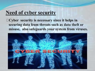 Need of cyber security
Cyber security is necessary since it helps in
securing data from threats such as data theft or
misuse, also safeguards your system from viruses.
 