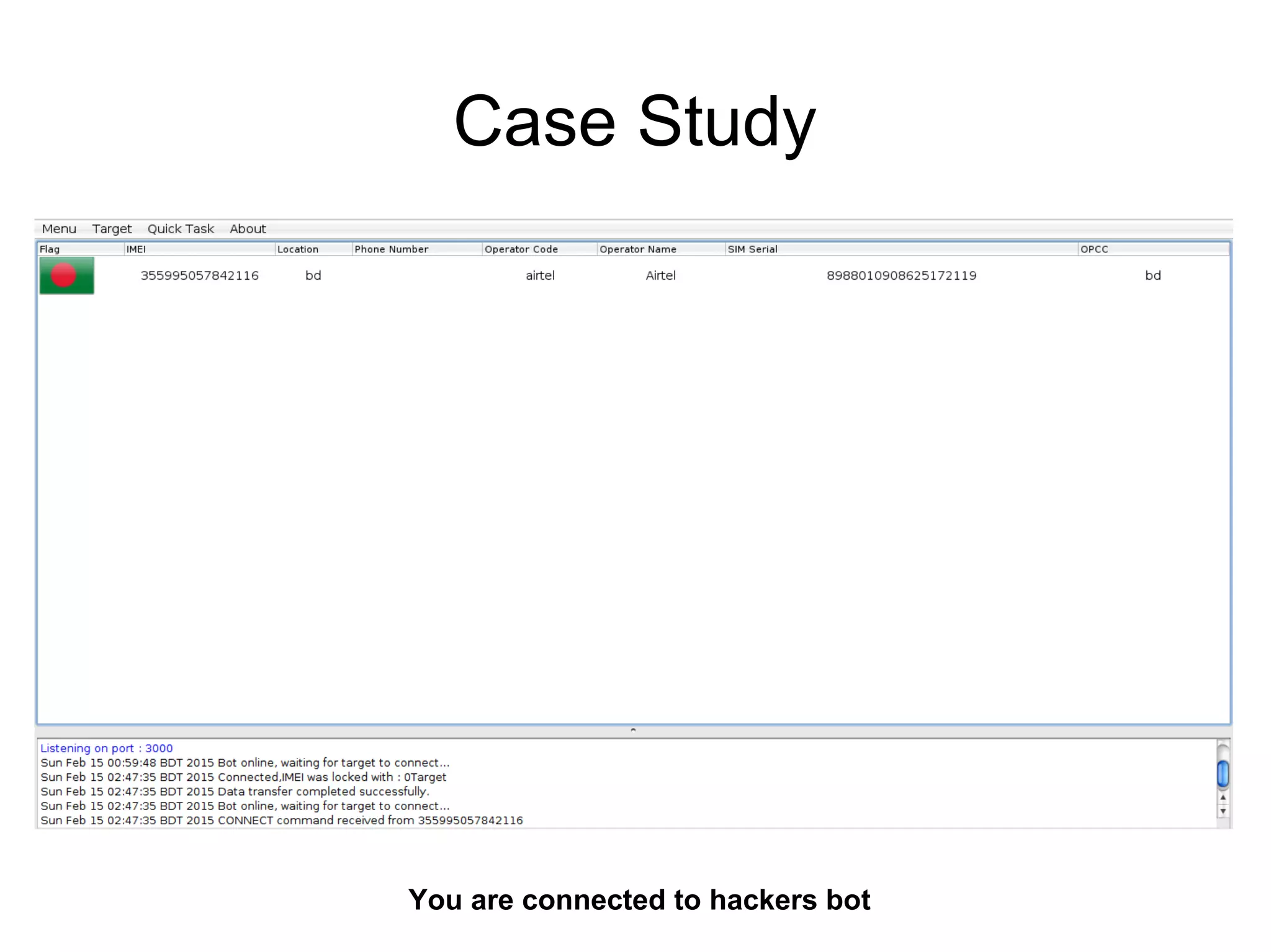 Case Study
You are connected to hackers bot
 