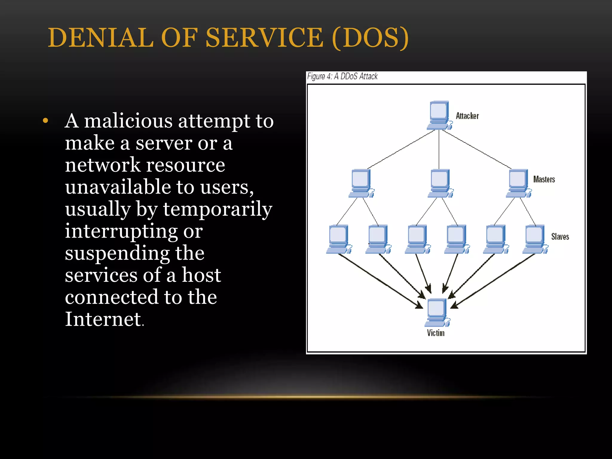 • A malicious attempt to
make a server or a
network resource
unavailable to users,
usually by temporarily
interrupting or
suspending the
services of a host
connected to the
Internet.
DENIAL OF SERVICE (DOS)
 
