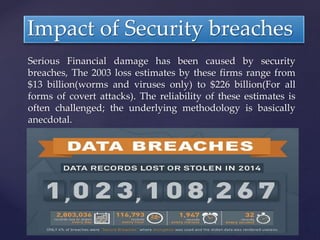 Serious Financial damage has been caused by security
breaches, The 2003 loss estimates by these firms range from
$13 billion(worms and viruses only) to $226 billion(For all
forms of covert attacks). The reliability of these estimates is
often challenged; the underlying methodology is basically
anecdotal.
Impact of Security breaches
 