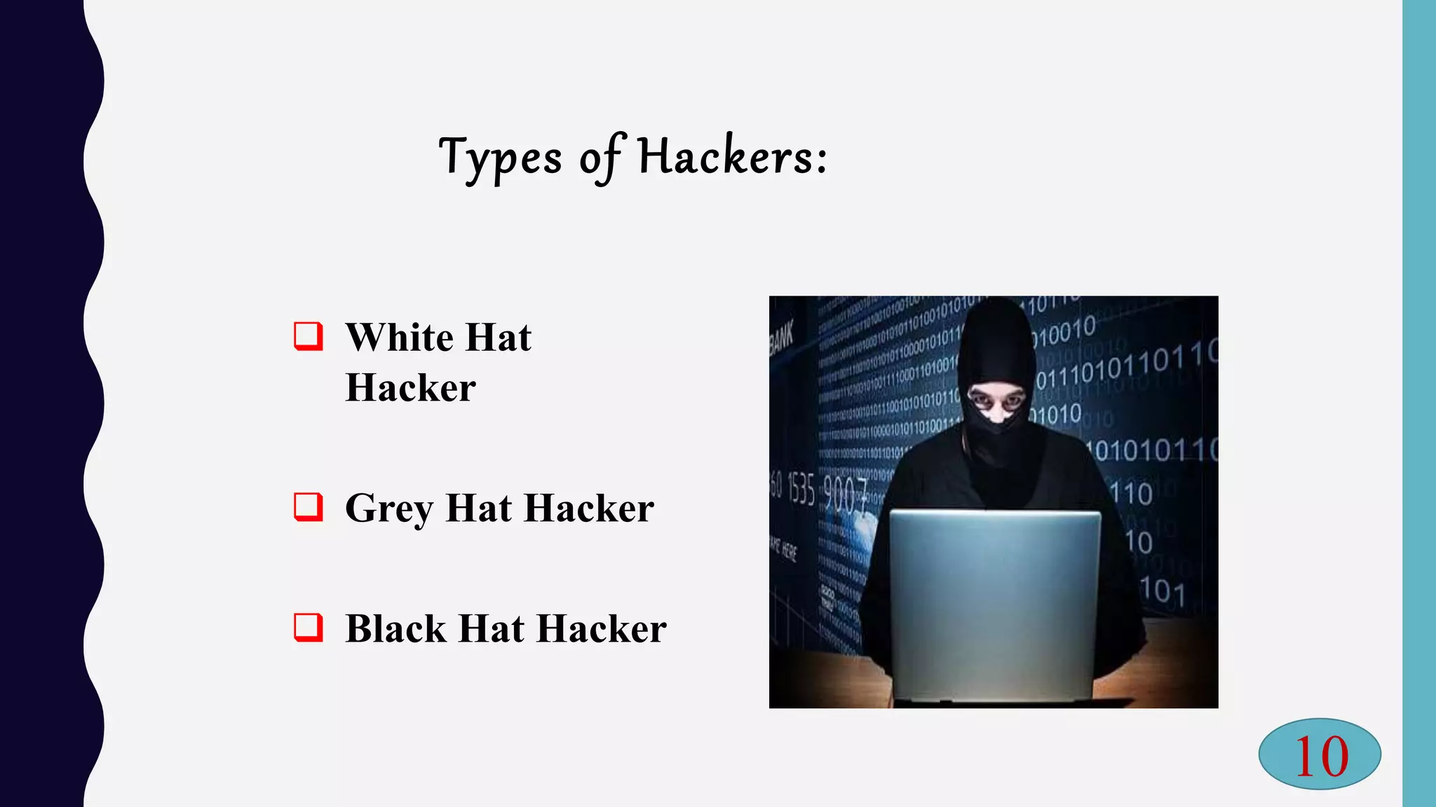 Types of Hackers:
 White Hat
Hacker
 Grey Hat Hacker
 Black Hat Hacker
10
 