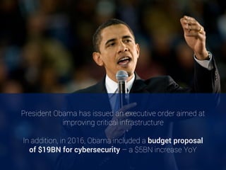 President Obama has issued an executive order aimed at
improving critical infrastructure
In addition, in 2016, Obama included a budget proposal
of $19BN for cybersecurity – a $5BN increase YoY [11]
 