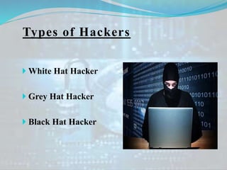 Types of Hackers
 White Hat Hacker
 Grey Hat Hacker
 Black Hat Hacker
 