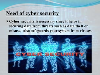 Need of cyber security
 Cyber security is necessary since it helps in
securing data from threats such as data theft or
misuse, also safeguards your system from viruses.
 