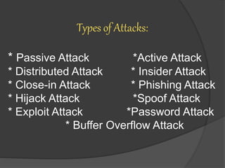 Types of Attacks:
* Passive Attack *Active Attack
* Distributed Attack * Insider Attack
* Close-in Attack * Phishing Attack
* Hijack Attack *Spoof Attack
* Exploit Attack *Password Attack
* Buffer Overflow Attack
 