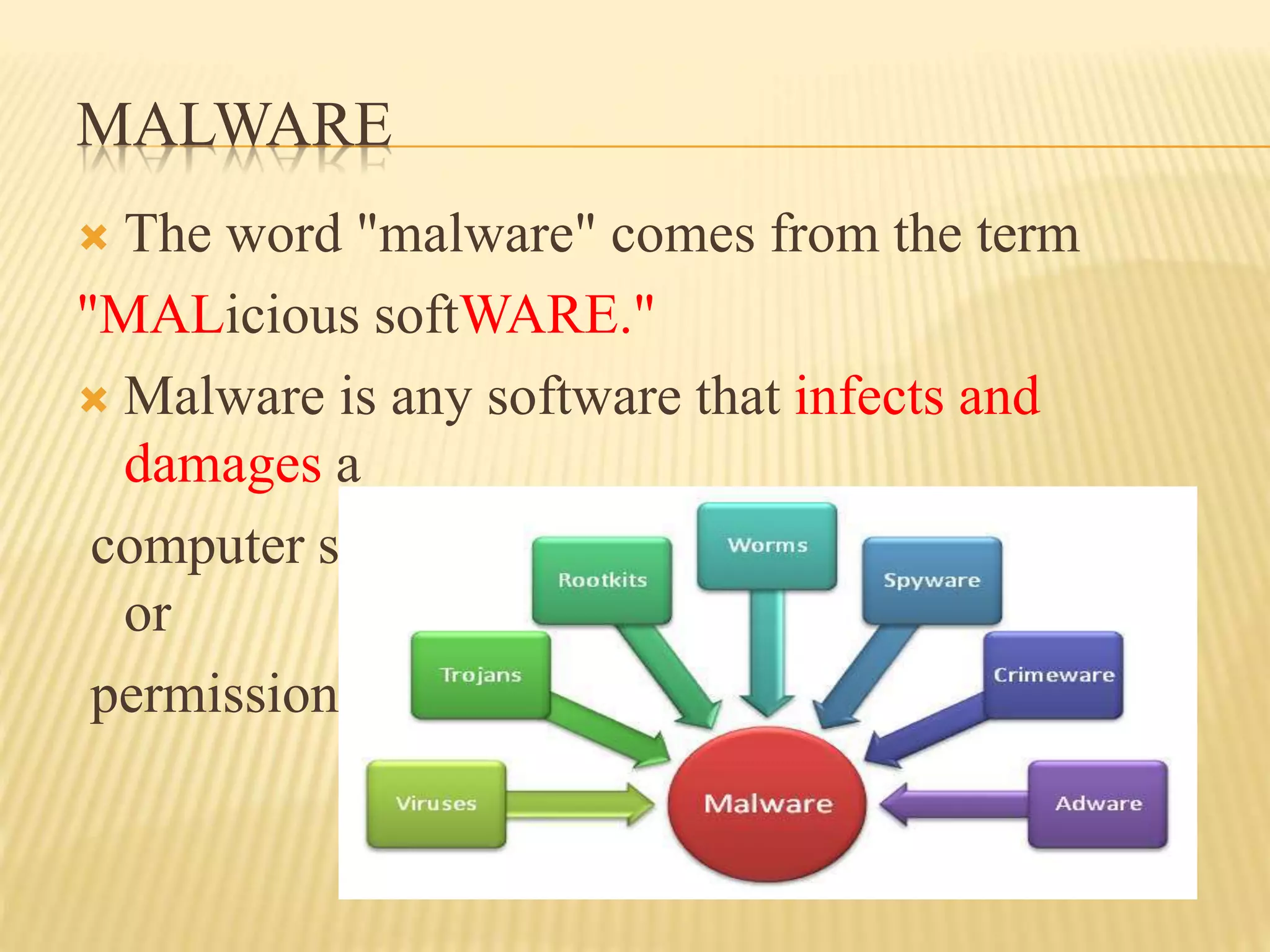 MALWARE
 The word "malware" comes from the term
"MALicious softWARE."
 Malware is any software that infects and
damages a
computer system without the owner's knowledge
or
permission.
 