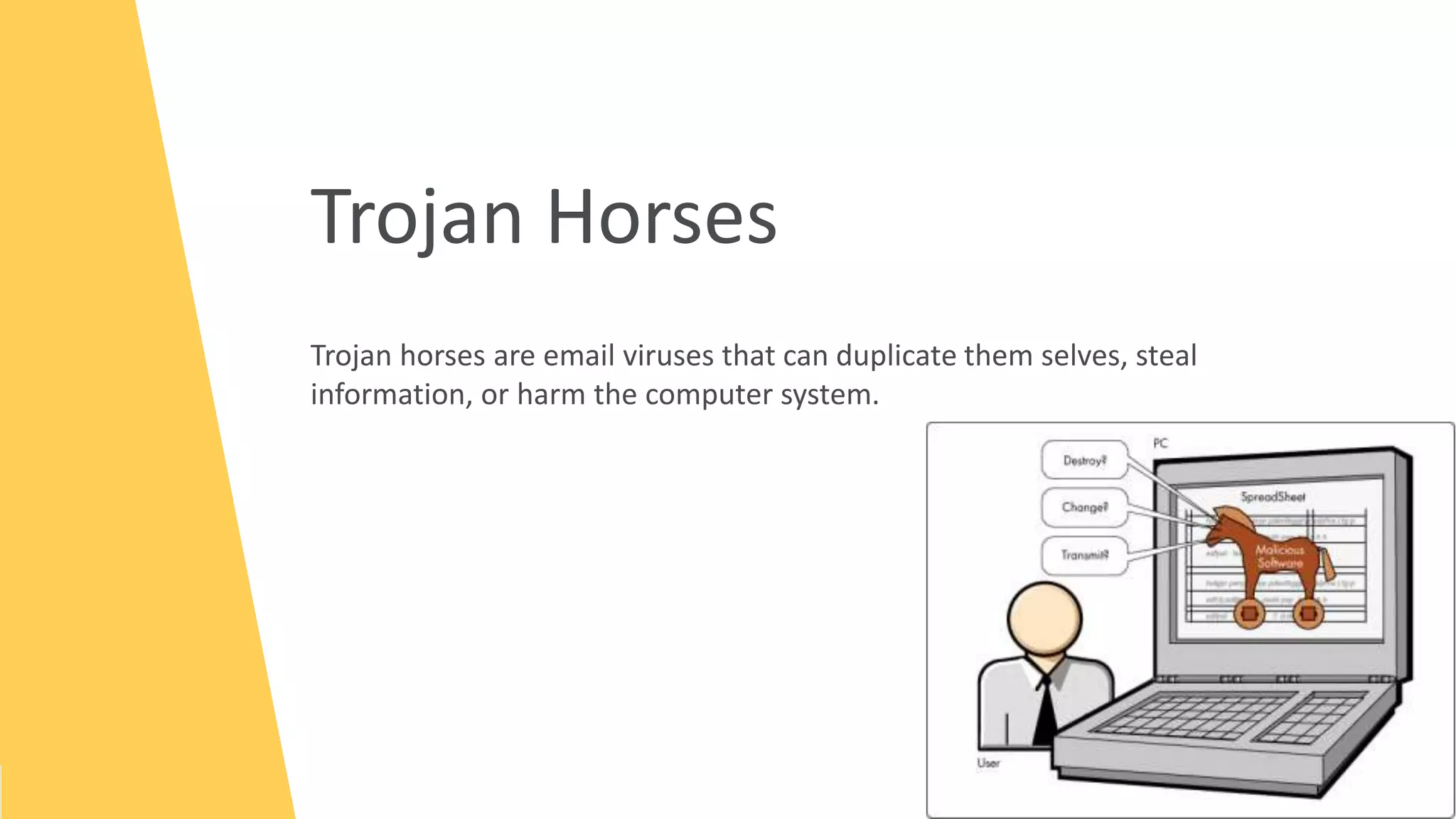 Trojan Horses
Trojan horses are email viruses that can duplicate them selves, steal
information, or harm the computer system.
 