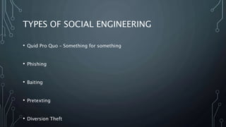 TYPES OF SOCIAL ENGINEERING
• Quid Pro Quo – Something for something
• Phishing
• Baiting
• Pretexting
• Diversion Theft
 