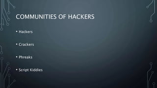 COMMUNITIES OF HACKERS
• Hackers
• Crackers
• Phreaks
• Script Kiddies
 