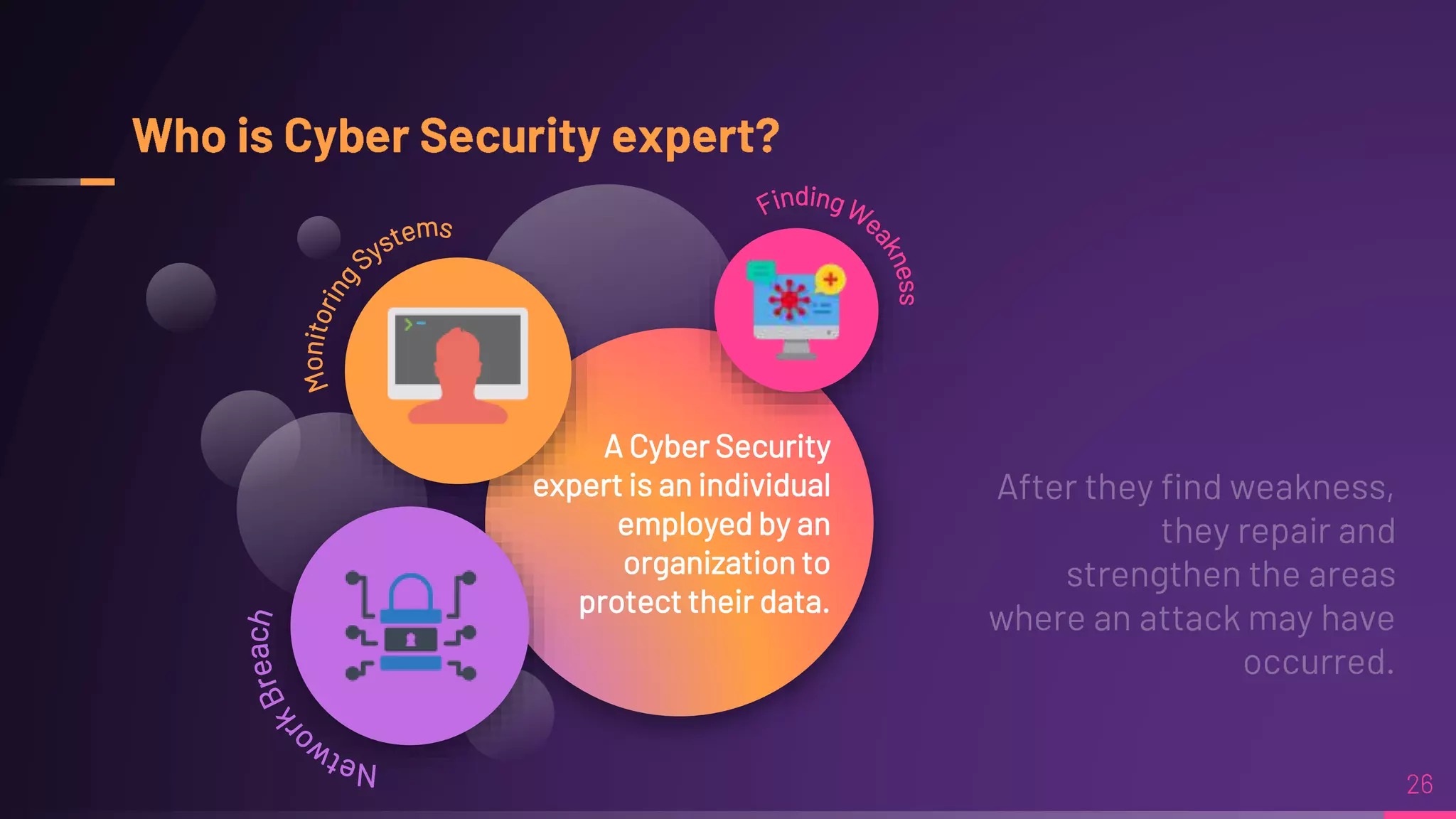 A Cyber Security
expert is an individual
employed by an
organization to
protect their data.
 