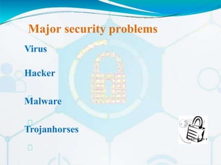 Major security problems
Virus
Hacker
Malware
Trojanhorses
 