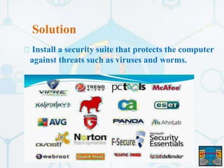 Solution
Install a security suite that protects the computer
against threats such as viruses and worms.
 