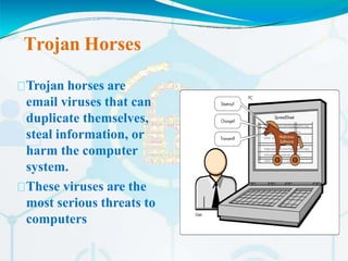 Trojan Horses
Trojan horses are
email viruses that can
duplicate themselves,
steal information, or
harm the computer
system.
These viruses are the
most serious threats to
computers
 