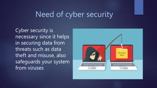 Need of cyber security
Cyber security is
necessary since it helps
in securing data from
threats such as data
theft and mis...