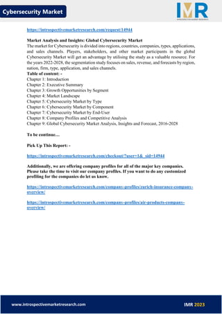 Cybersecurity Market
www.introspectivemarketresearch.com IMR 2023
https://introspectivemarketresearch.com/request/14944
Market Analysis and Insights: Global Cybersecurity Market
The market for Cybersecurity is divided into regions, countries, companies, types, applications,
and sales channels. Players, stakeholders, and other market participants in the global
Cybersecurity Market will get an advantage by utilising the study as a valuable resource. For
the years 2022-2028, the segmentation study focuses on sales, revenue, and forecasts by region,
nation, firm, type, application, and sales channels.
Table of content: -
Chapter 1: Introduction
Chapter 2: Executive Summary
Chapter 3: Growth Opportunities by Segment
Chapter 4: Market Landscape
Chapter 5: Cybersecurity Market by Type
Chapter 6: Cybersecurity Market by Component
Chapter 7: Cybersecurity Market by End-User
Chapter 8: Company Profiles and Competitive Analysis
Chapter 9: Global Cybersecurity Market Analysis, Insights and Forecast, 2016-2028
To be continue…
Pick Up This Report: -
https://introspectivemarketresearch.com/checkout/?user=1&_sid=14944
Additionally, we are offering company profiles for all of the major key companies.
Please take the time to visit our company profiles. If you want to do any customized
profiling for the companies do let us know.
https://introspectivemarketresearch.com/company-profiles/zurich-insurance-company-
overview/
https://introspectivemarketresearch.com/company-profiles/air-products-company-
overview/
 
