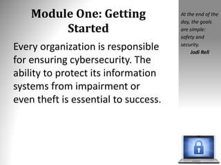 Module One: Getting
Started
Every organization is responsible
for ensuring cybersecurity. The
ability to protect its information
systems from impairment or
even theft is essential to success.
At the end of the
day, the goals
are simple:
safety and
security.
Jodi Rell
 